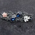 Vintage rhinestone spring hair clip with blue crystal gems and pink rose for women - FJ033 / Blue