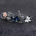 Vintage rhinestone hair clip, silver-tone barrette with blue crystals and rose for women. - FJ034 / Blue