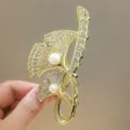 Elegant golden ginkgo leaf hair claw clip with sparkling rhinestones and pearls for women. - Fan-shaped Style (YZAM117-1) / Gold
