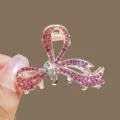 Gold-tone pink rhinestone bow hair claw clip, sparkling medium shark clip for women hair. - Rose Red