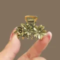 Retro gold metal hair claw clip with floral leaf design small size elegant hair accessory for women - YZA39-4 / Antique Gold