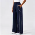 Pantaloni donna vita alta gamba larga con profili a contrasto yoga sportivi casual - Taglia S / Blu navy