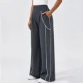 Women's high waist casual wide leg pants with contrast piping, dark grey stylish long trousers. - Dark Gray