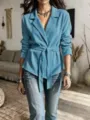 Women casual solid color corduroy lapel long sleeve blazer jacket with tie waist for autumn. - S / Tops / Teal