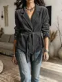 Women's solid color corduroy belted blazer jacket, elegant lapel long sleeve autumn outerwear. - Dark Gray