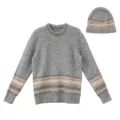 Grey Nordic Fair Isle knit sweater and matching beanie hat set, cozy thick winter womenswear. - One Size / Set / Gray