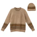 Cozy Nordic Fair Isle knit sweater and matching beanie set for women, warm winter pullover style. - One Size / Set / Camel Coffee