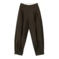 Women wool blend high waist pleated harem pants in dark brown, casual trouser style. - S / Bottoms / Olive Green