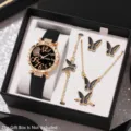 Elegante Damen Quarzuhr Schmetterling Schmuckset Strass Armband Kette Ohrringe - Uhrenzubehör-Set / Schwarz