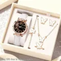 Damen Uhr und Schmetterling Schmuckset Quarz Lederarmband Kette Ohrringe Ring Geschenk - Uhrenzubehör-Set / Weiß