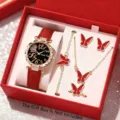 Luxus rote Damen Quarzuhr und Schmetterling Schmuckset Detailansicht, elegante Geschenkidee. - Uhrenzubehör-Set / Rot