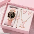 Damen Quarzuhr und rosa Schmetterling Schmuckset mit Zirkon Lünette und Lederarmband - Uhrenzubehör-Set / Rosa