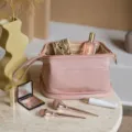 Pink PU leather travel cosmetic bag large capacity portable toiletry organizer with handle - Rose Pink (Without Transparent Board)