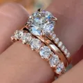 Roségold Ring dreiteiliges Set mit funkelndem Zirkonia, eleganter Hochzeitspartyschmuck. - US 5 / Roségold