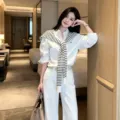 Classic old money style white shirt and striped knit shawl set, elegant minimalist outfit. - White Stripe