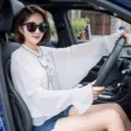 White chiffon sun protection shawl, lightweight breathable driving cape for summer outdoor UV. - Tops / White