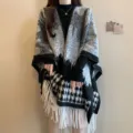Black and white grid fringe poncho, Korean style autumn winter knitted shawl outer wear. - Black