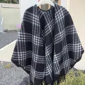 Classic black and white plaid cape shawl for women, warm winter fringe poncho coat. - Black