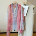 Summer ethnic style sun protection shawl with vintage print and delicate tassels. - Banxia Hand-Knotted Shawl