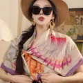 Chic French vintage floral print square silk scarf, 110cm large shawl for women fashion styling. - Berry Wheat Wave