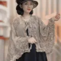 Sheer sun protection cape stylish ruffle vintage printed shawl summer outdoor outerwear - Brown Porcelain