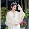 Summer lightweight sun protection shawl cape with elegant bow and chic patterned trim for women. - Tops / Beige