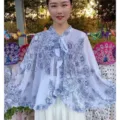 Summer lightweight sun protection cape chiffon UV resistant floral shawl for cycling and driving outdoor - Porcelain Blue Chiffon