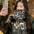 Chic black and grey leopard print tassel scarf, thick warm long winter shawl for women. - Black and Grey Leopard Print