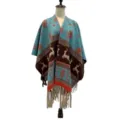 Autumn Winter Reindeer Pattern Tasselled Knit Poncho Shawl Turquoise Outerwear Cape - Blue Deer