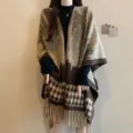 Autumn winter maillard grid fringe cape shawl, Korean style warm knitted outer wear scarf. - Coffee