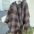 Brown plaid tassel shawl winter warm cozy cape stylish outerwear scarf for women daily wear - Dark Coffee