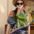 French retro colorful printed large square scarf and shawl for spring and autumn travel styling. - Playful Wheat Wave