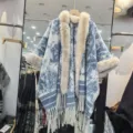 Blue and white printed faux fur collar fringe knitted cape winter warm shawl cloak - Blue Beige Fur Collar