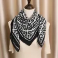 Classic black and white geometric pattern square scarf, elegant cotton linen shawl. - Black Geometric Pattern