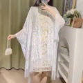 Elegant white lace floral shawl cardigan summer thin open front cape women cover up wrap - White Lace Shawl