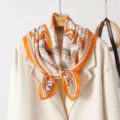 Elegant orange chain print silk square scarf for women, stylish vintage neckerchief. - Orange Chain
