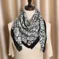 Classic black and white floral square scarf, versatile cotton blend wrap for women and daily wear. - Black Camellia