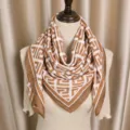 Retro geometric square scarf, brown white cotton linen shawl, warm stylish neck wrap for women - Light Coffee Geometric Pattern