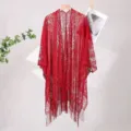 Red lace hollow shawl summer thin cardigan Chinese style outer wear elegant tassel scarf - Burgundy Lace Shawl
