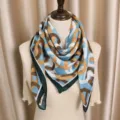 Retro bleu marron chaine imprime coton lin carre foulard 90cm polyvalent mode accessorie - Maillon de Chaîne Bleu
