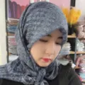 Retro floral print linen headscarf for women, breathable blue gauze hijab shawl scarf. - Ink Blue