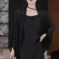 Elegant black chiffon cape cardigan and matching top set, perfect sun protection wear. - 60x130cm / Black