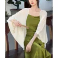 Elegant green slip dress with white sheer cape shawl, fashionable Chinese style outfit. - 60x130cm / Off White