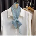 Blue feather print silk scarf, elegant necktie and hair accessory for women, vintage style. - Blue Leaf
