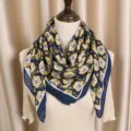 Foulard Carre Vintage en Coton et Lin Bleu Marine Elegant Accessoire de Cou Variante - Rose Peinture à l'Huile Bleu-Jaune