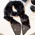 Elegant black silk scarf with white floral print, French retro style for women's chic neck wear. - Black Rose