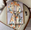 Floral print silk twilly scarf elegant long ribbon necktie hair band stylish accessory - White with Small Floral