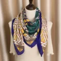 Foulard carré imprimé vintage femme coton lin rétro écharpe élégante châle 90cm - Cheval Tissé Jaune-Vert