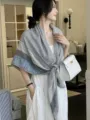 Fashion grey geometric print shawl scarf for women, elegant daily wear summer accessory. - Blue and White Small Plaid