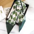 Green and white argyle print twilly silk scarf, elegant ribbon neck scarf for women. - Diamond Pattern Green